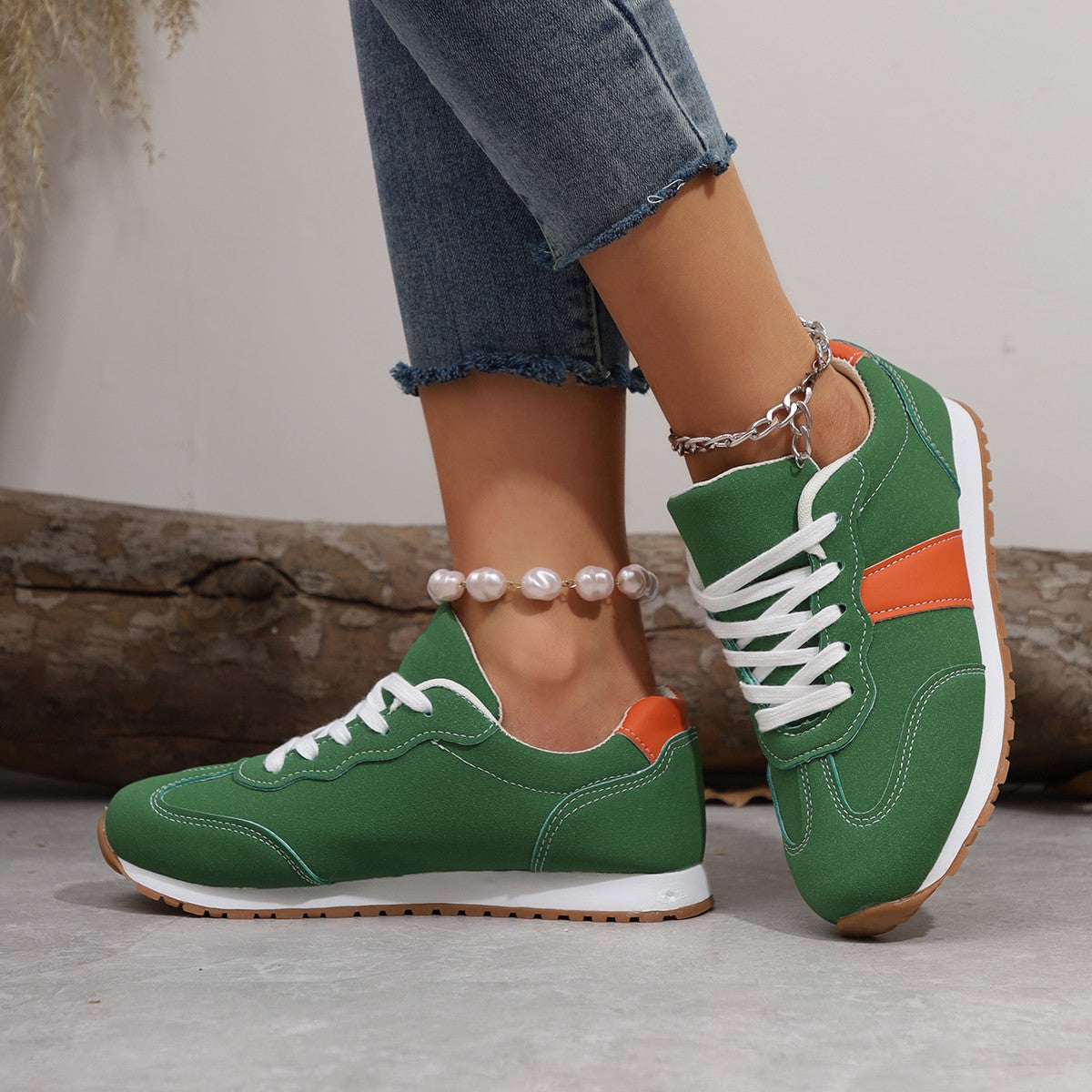 PU Leather Contrast Round Toe Flats Sneakers - felvior