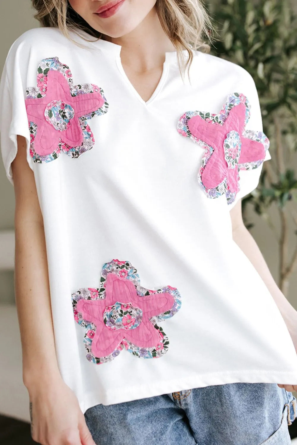 Floral Applique Notched Dolman Sleeve Top