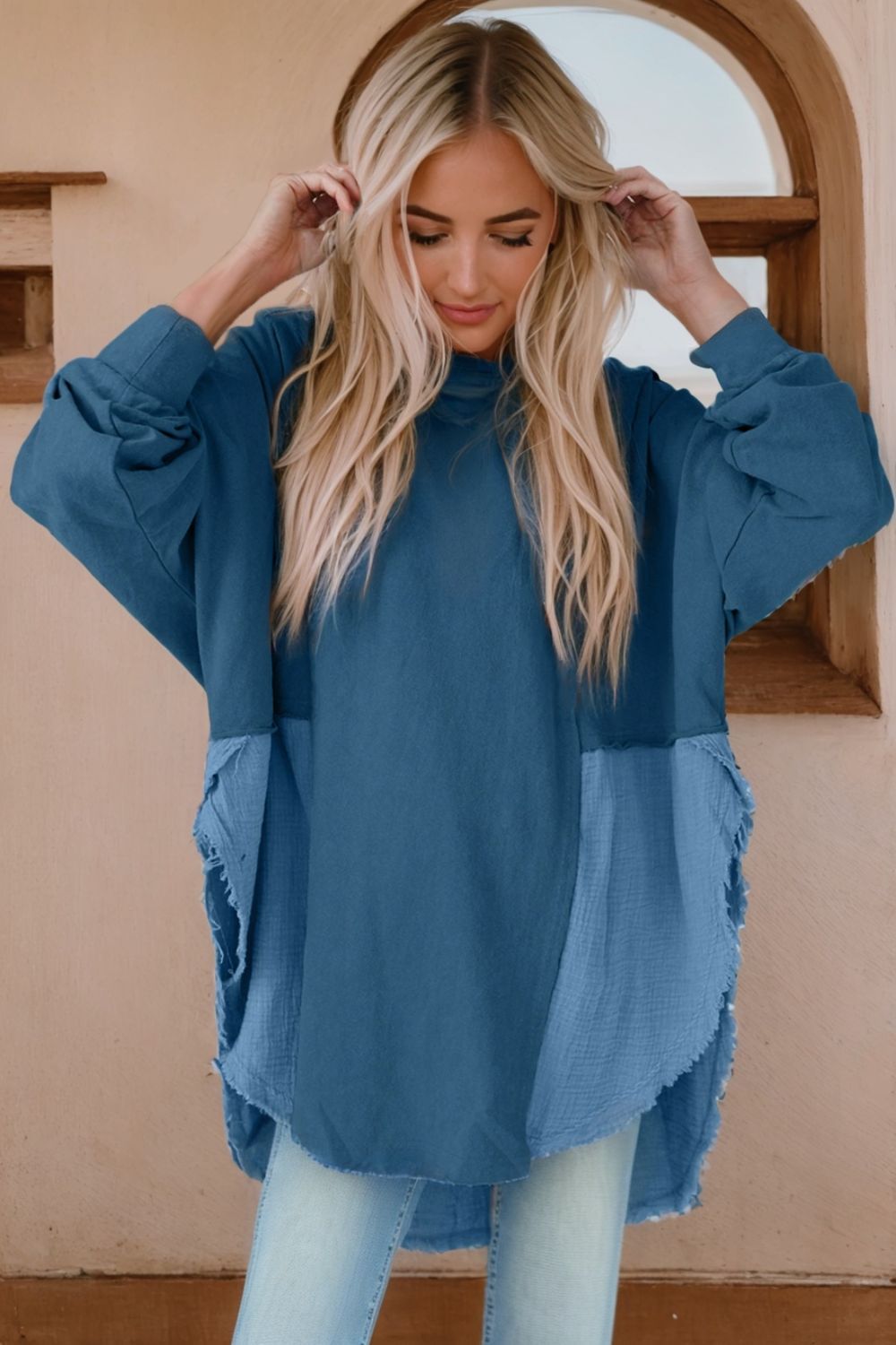 Contrast Texture Round Neck Long Sleeve Blouse - felvior