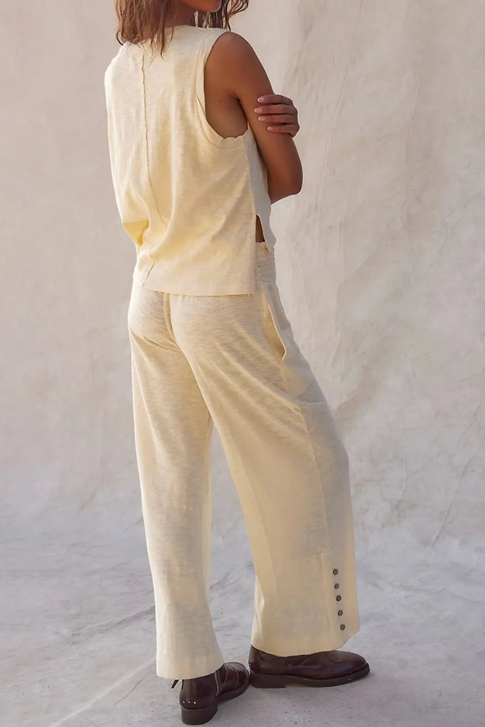 Solid Color Tank Top and Smocked Waist Pants Set