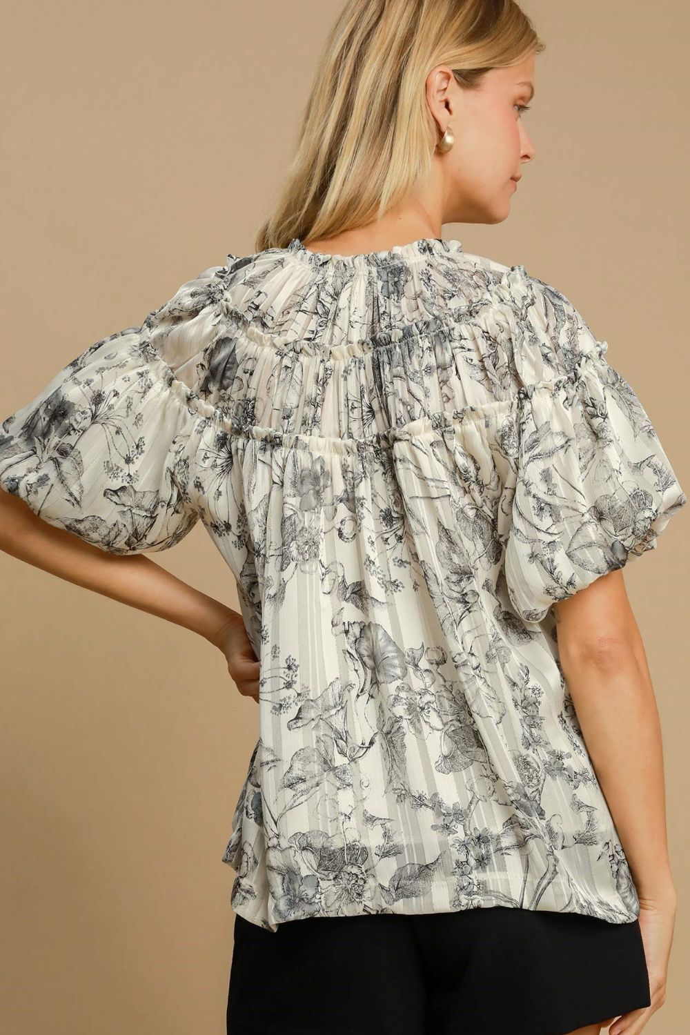Umgee Full Size Floral Print Metallic Ruffle Blouse Plus Size