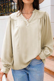 Lantern Sleeve Notched V Neck Ruched Blouse - felvior