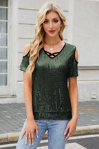 Sequin Cold Shoulder Short Sleeve Blouse