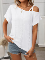 Eyelet Asymmetrical Shoulder Short Sleeve T-Shirt