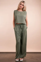 VERY J Solid Woven Top & Pants Set