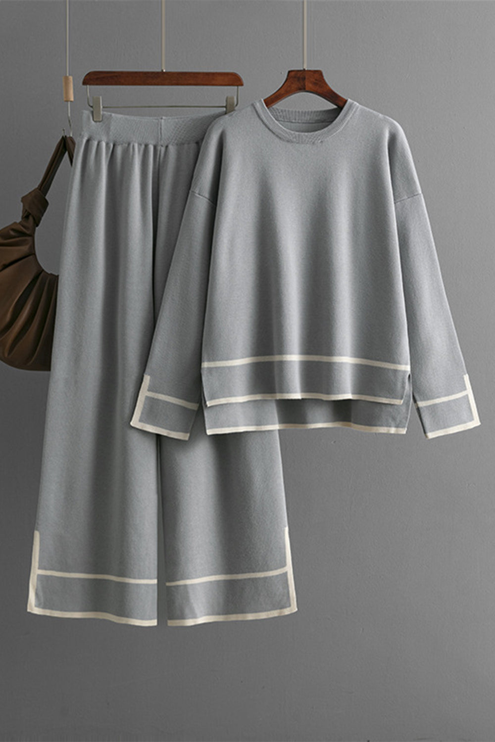 High-Low Round Neck Top and Pants Sweater Set - felvior