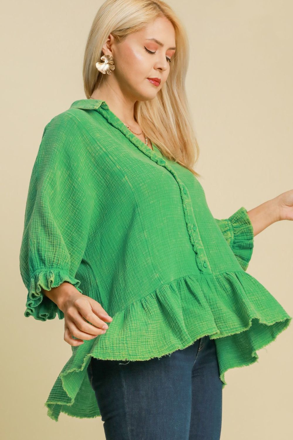 Umgee Full Size Mineral Washed Cotton Gauze Top Plus Size - felvior