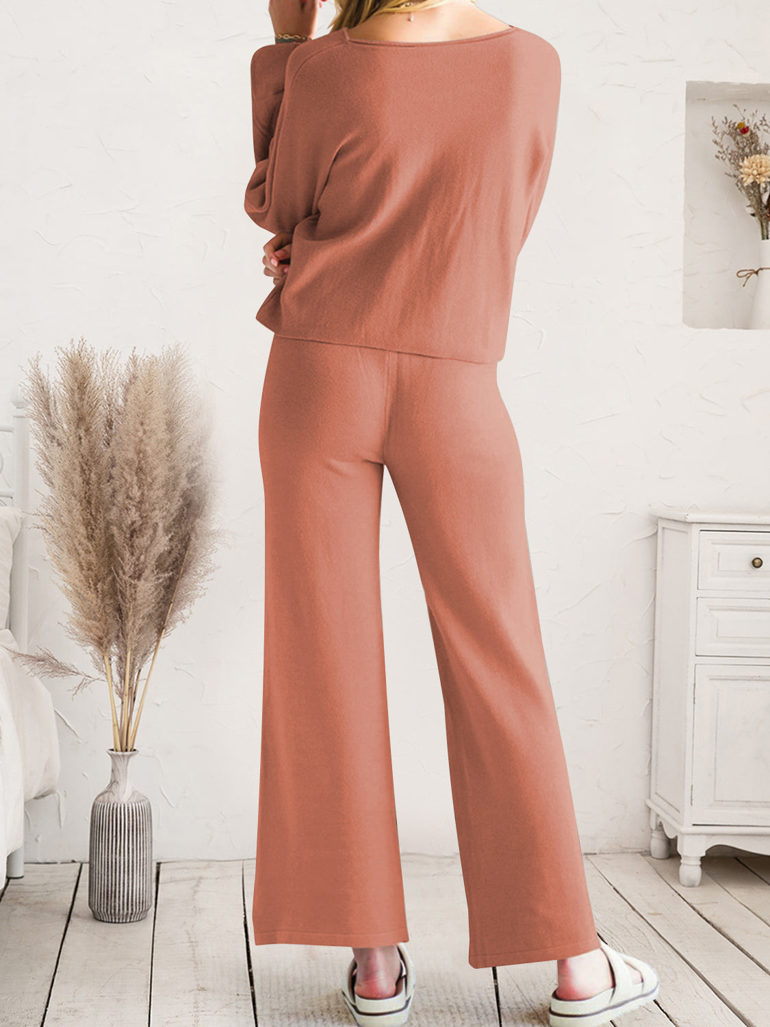 Long Sleeve Lounge Top and Drawstring Pants Set - felvior