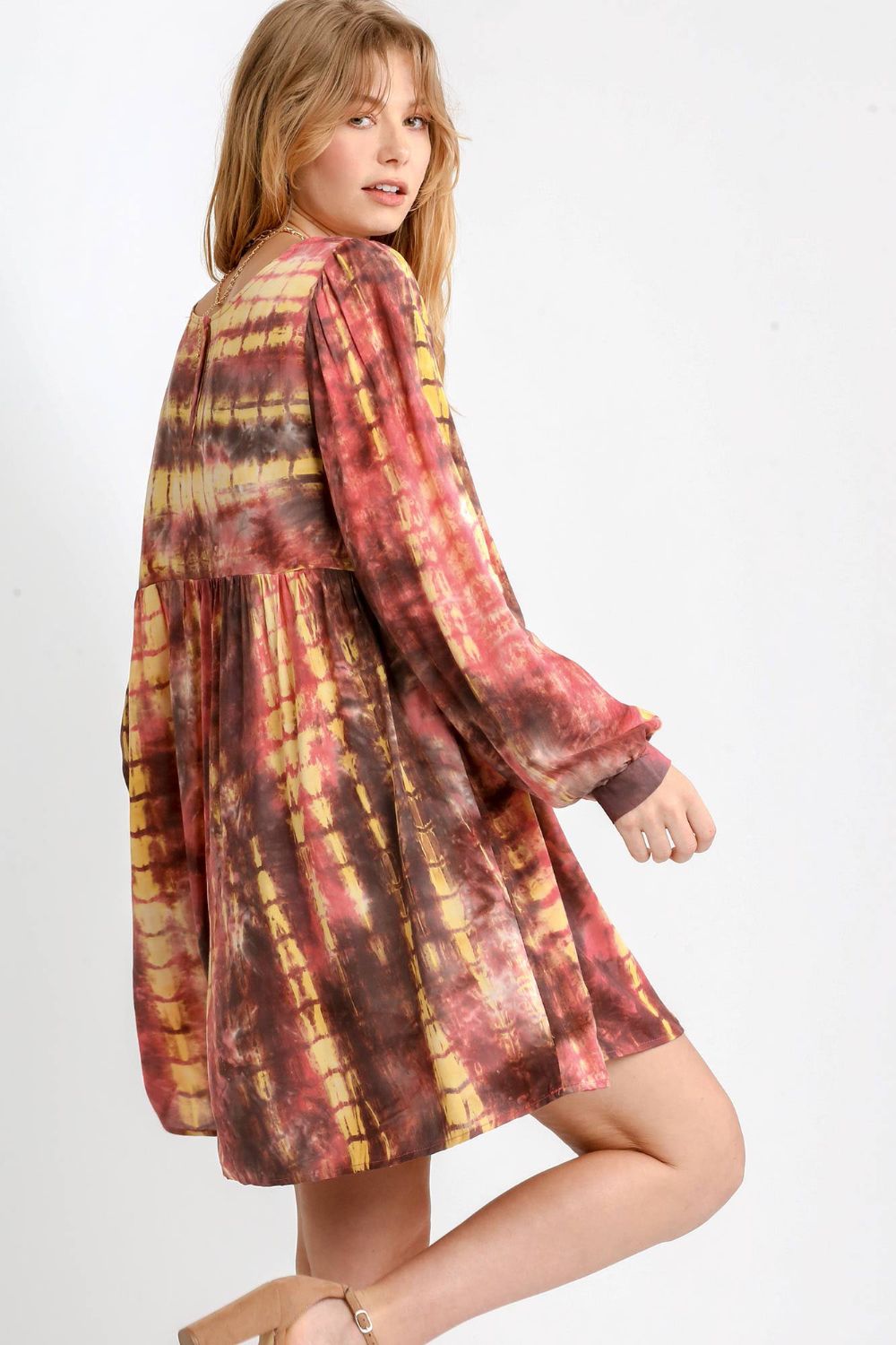 Umgee Full Size Tie Dye Long Sleeve Babydoll Dress with Keyhole Plus Size Secondary image