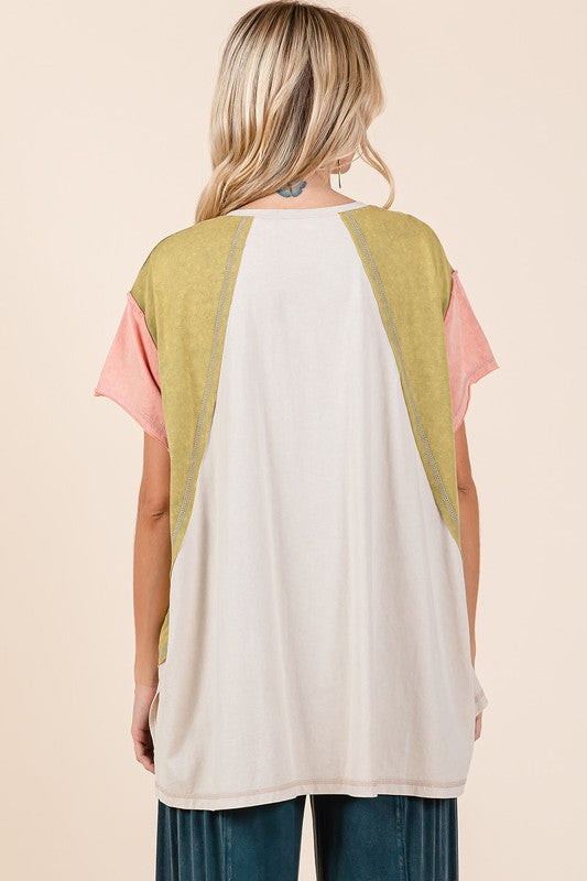 Mittoshop Color Block V-Neck Short Sleeve T-Shirt - felvior