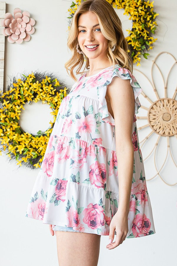 Heimish Full Size Butterfly Short Sleeve Round Neck Floral Print Tiered Top Plus Size - felvior