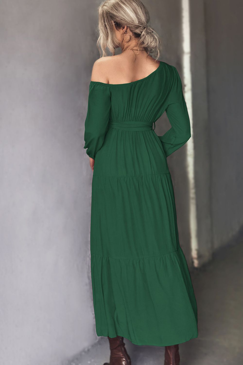 Belted One-Shoulder Tiered Maxi Dress - felvior