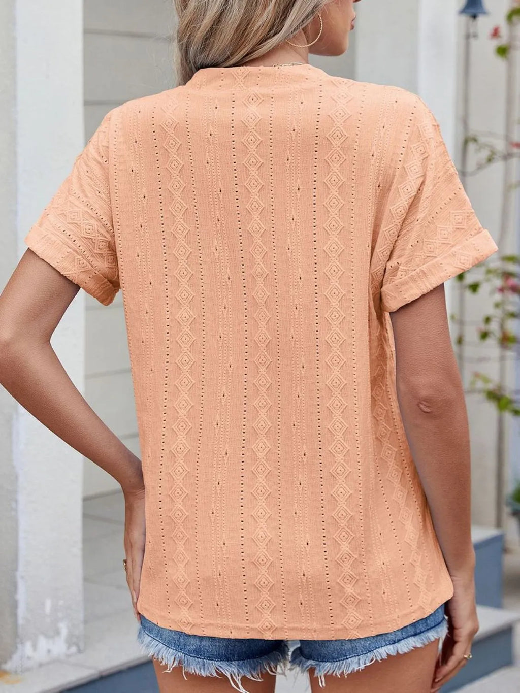 Eyelet Notched Short Sleeve Top