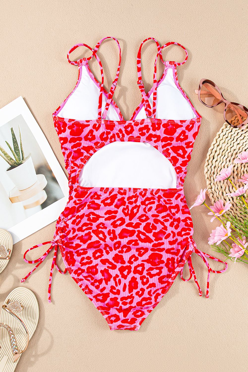 Leopard Cutout Ribbed Side Drawstring One-Piece Swimsuit - felvior
