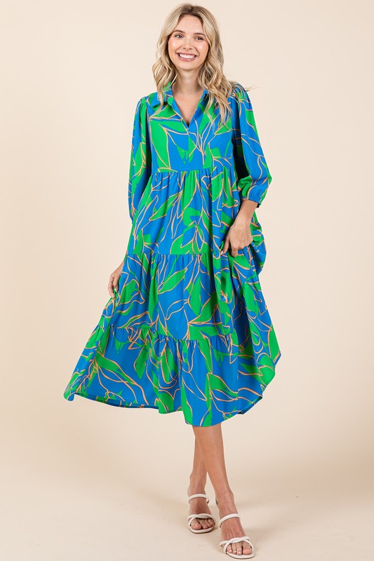 Mittoshop Tiered Printed Collared Neck Midi Dress - felvior
