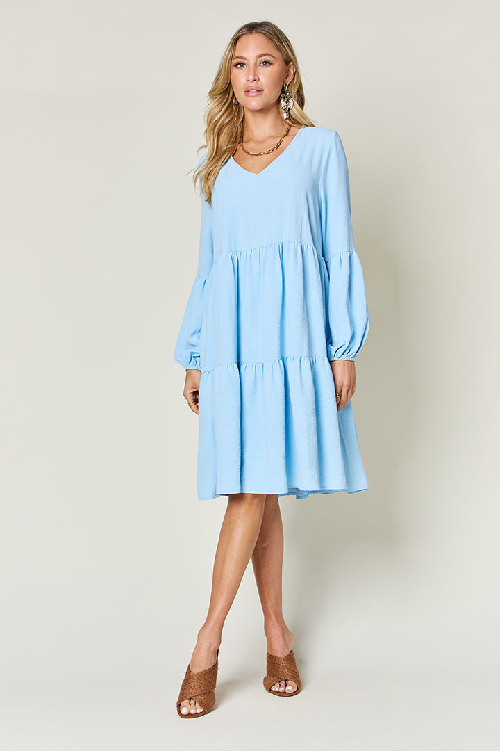 Double Take Full Size V-Neck Balloon Sleeve Tiered Dress with Pockets - felvior