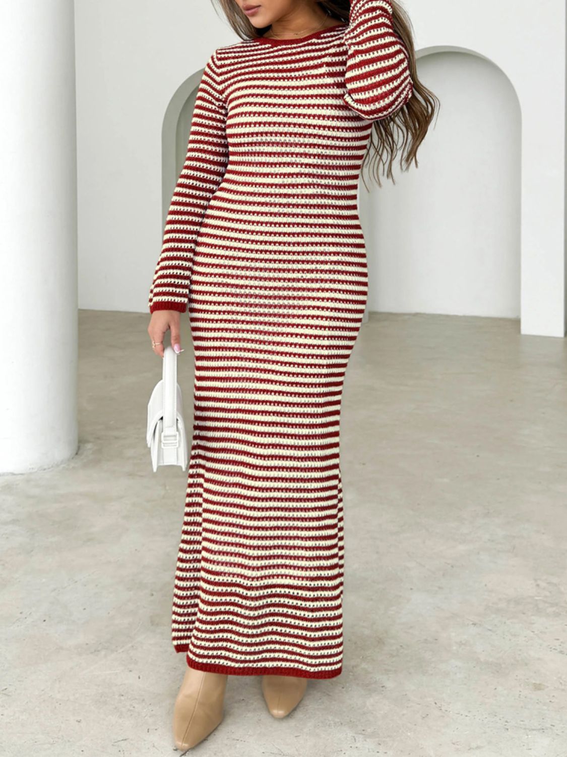 Devine Tied Round Neck Striped Sweater Dress - felvior