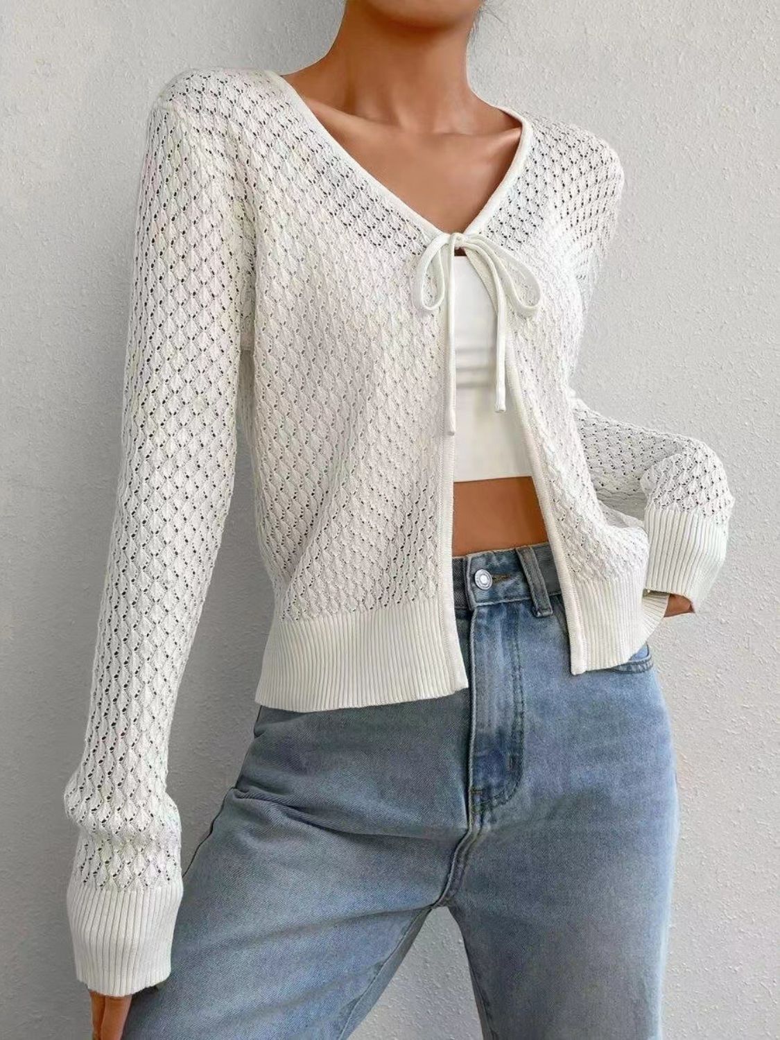 Tied Openwork V-Neck Long Sleeve Cardigan - felvior