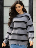 Striped Frayed Hem Round Neck Sweater - felvior