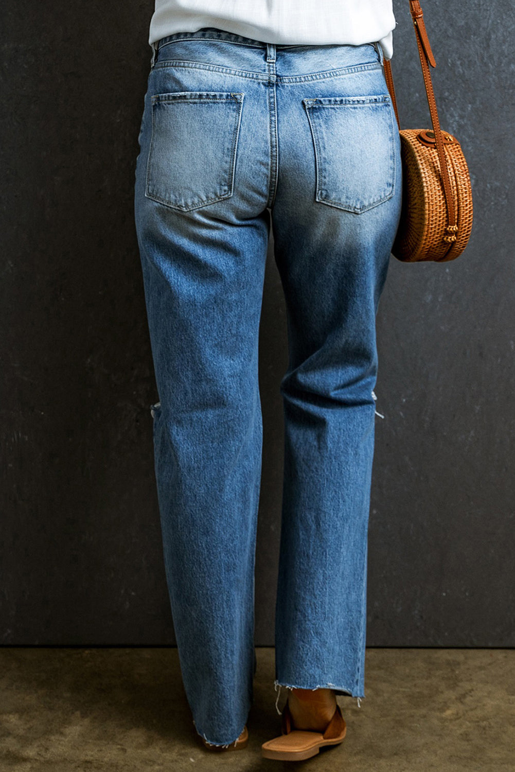 Distressed Raw Hem Jeans with Pockets - felvior