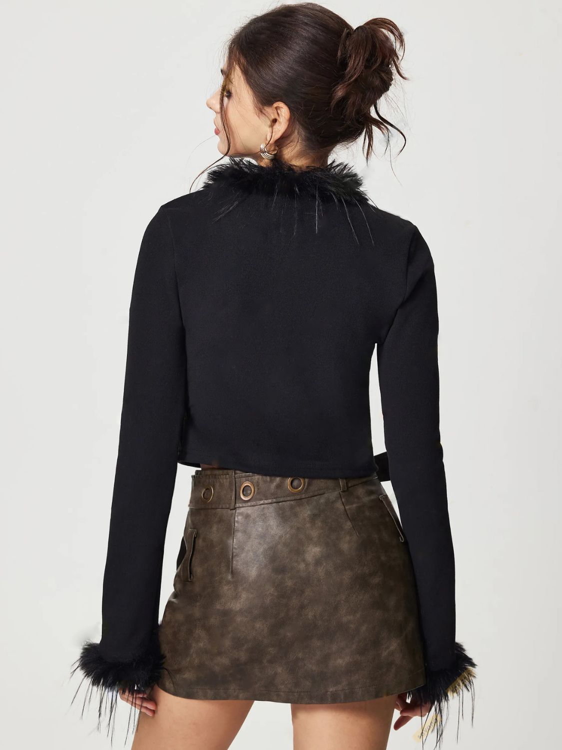 Tied Fuzzy Trim Long Sleeve Knit Cardigan - felvior
