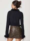 Tied Fuzzy Trim Long Sleeve Knit Cardigan - felvior
