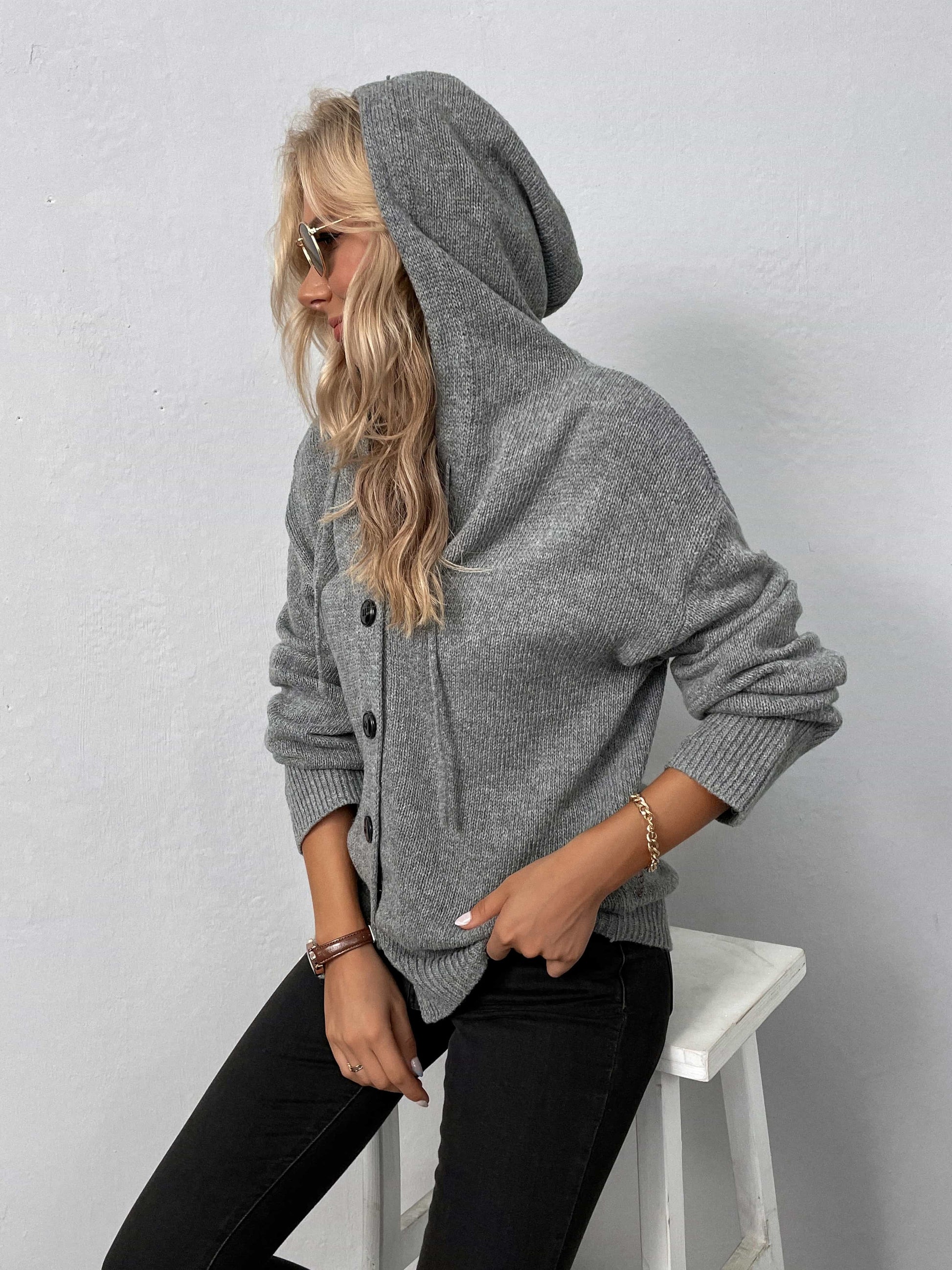 Button-Down Long Sleeve Hooded Sweater - felvior