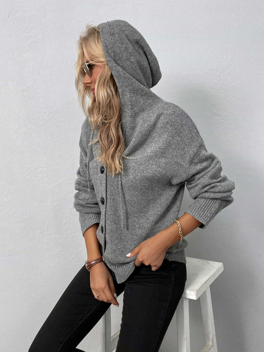 Button-Down Long Sleeve Hooded Sweater - felvior