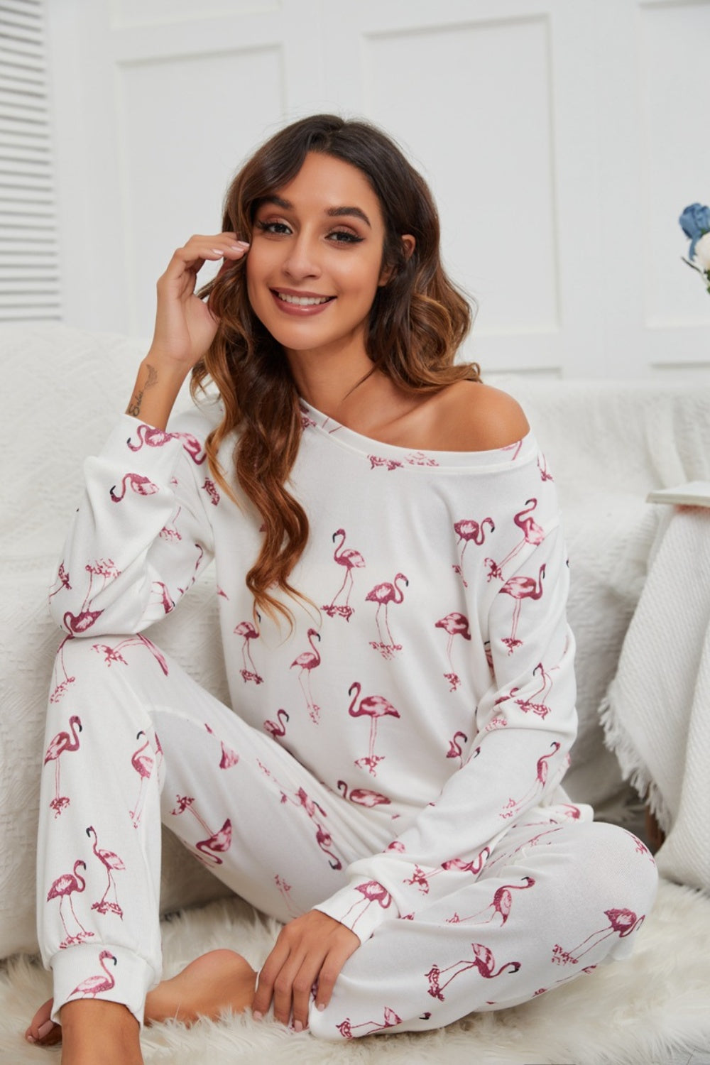 Flamingo Long Sleeve Top and Pants Lounge Set - felvior