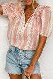 Frilled Short Puff Sleeve Mixed Print Blouse - felvior
