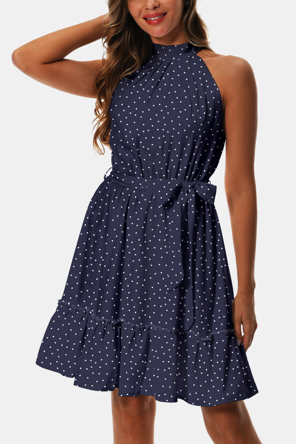 Printed Tie Waist Frill Trim Dress - felvior