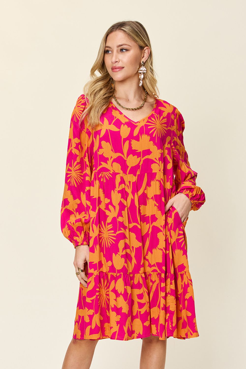 Double Take Full Size Printed Ruffle Hem Dress with Pocket - felvior