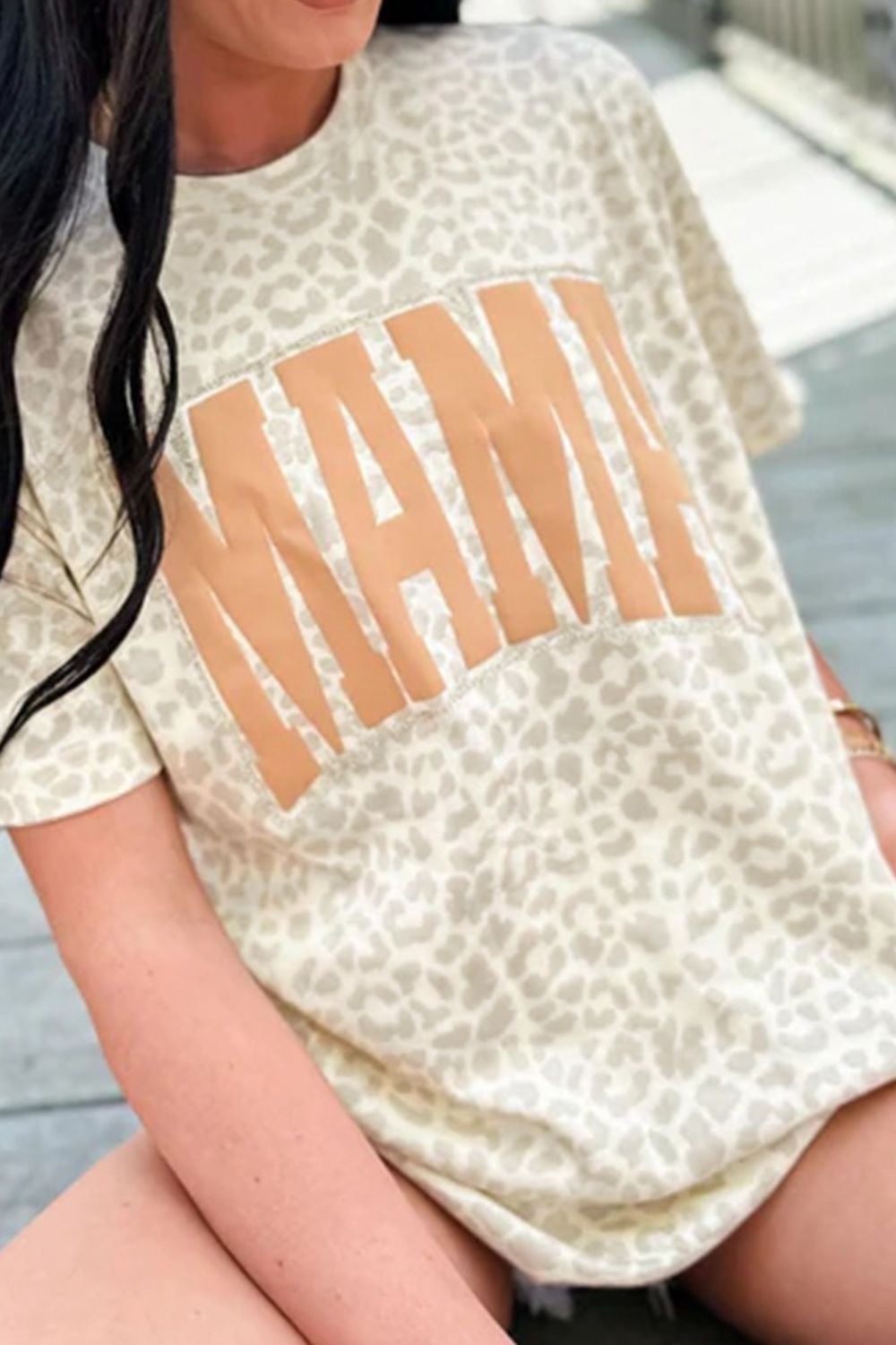 MAMA Letter Graphic Leopard Round Neck T-Shirt