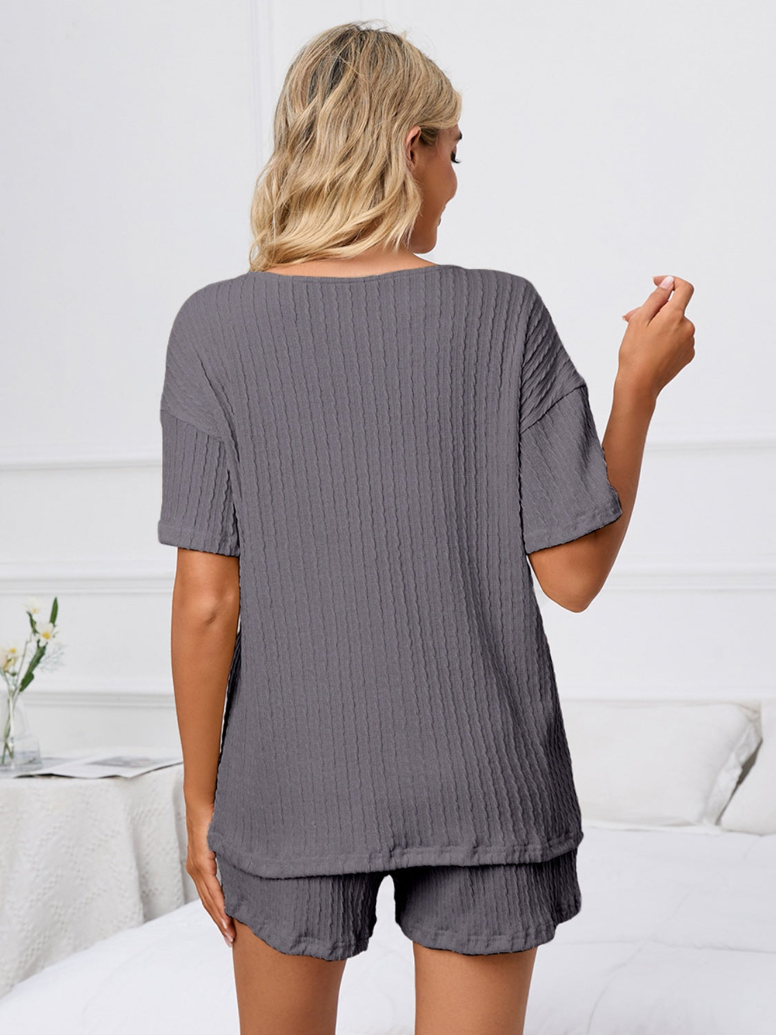 Notched Short Sleeve and Shorts Lounge Set - felvior