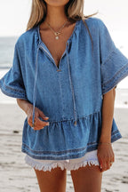 Tie Neck Ruffled Half Sleeve Denim Top
