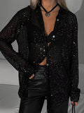 Sequin Button Up Long Sleeve Shirt - felvior
