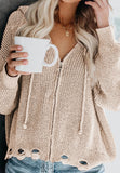 Distressed Zip Up Drawstring Hooded Cardigan - felvior