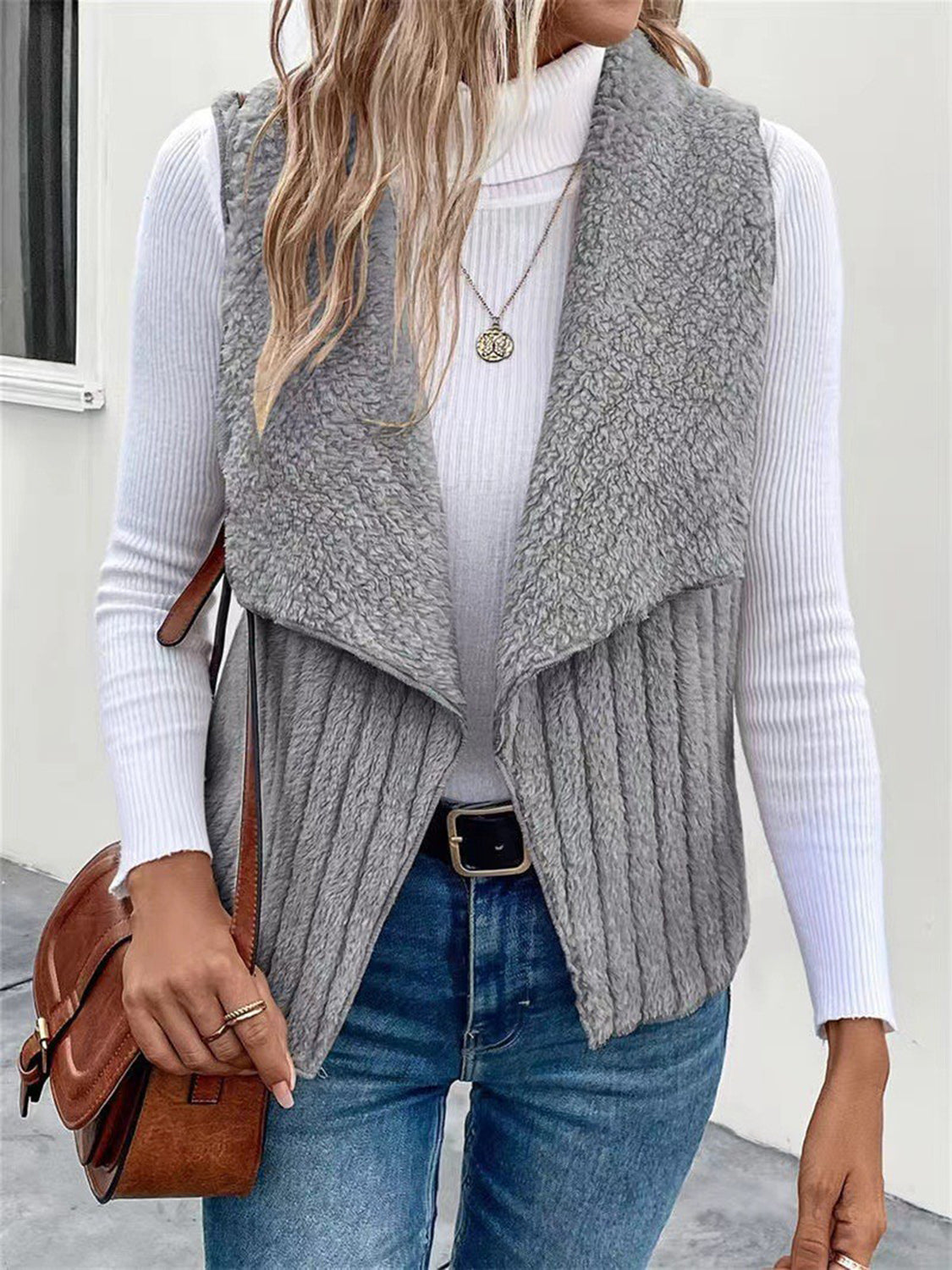 Open Front Fuzzy Vest Coat - felvior