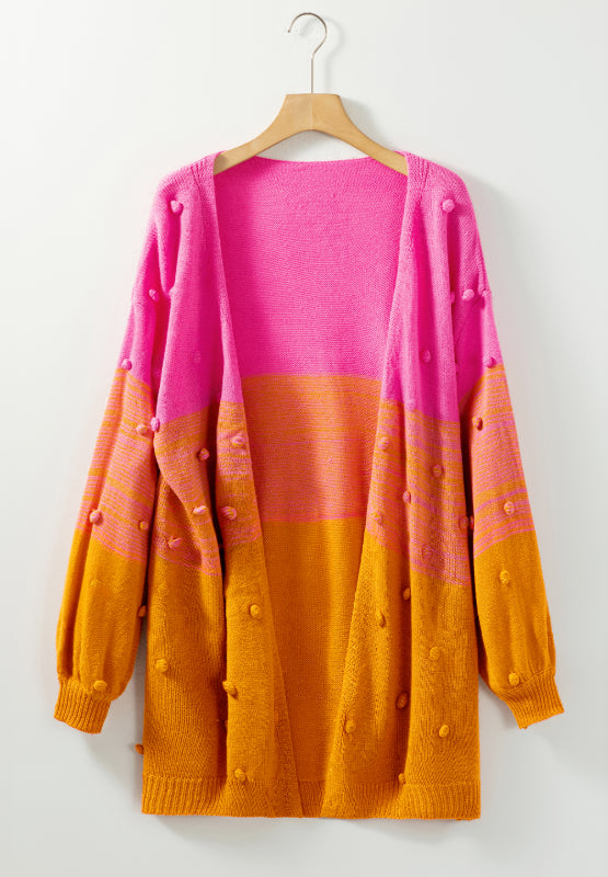 Pompom Color Block Open Front Cardigan - felvior