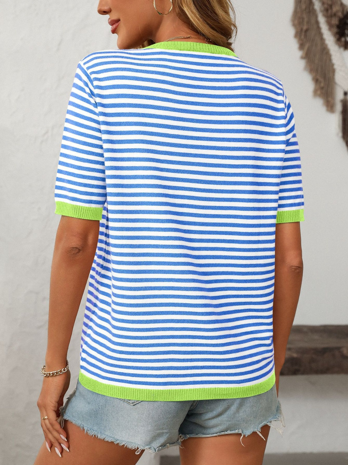 Mandy Striped Round Neck Half Sleeve Knit Top - felvior