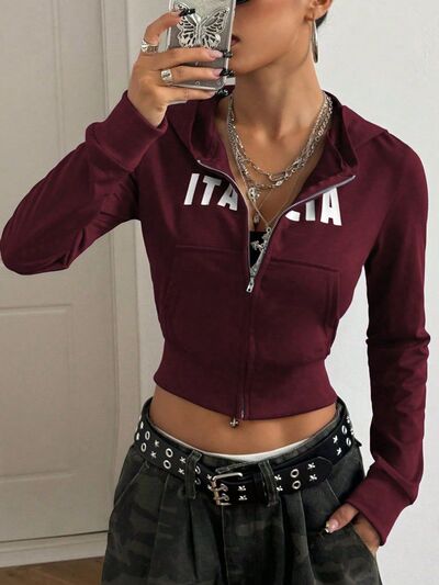 Letter Graphic Zip Up Long Sleeve Hoodie - felvior