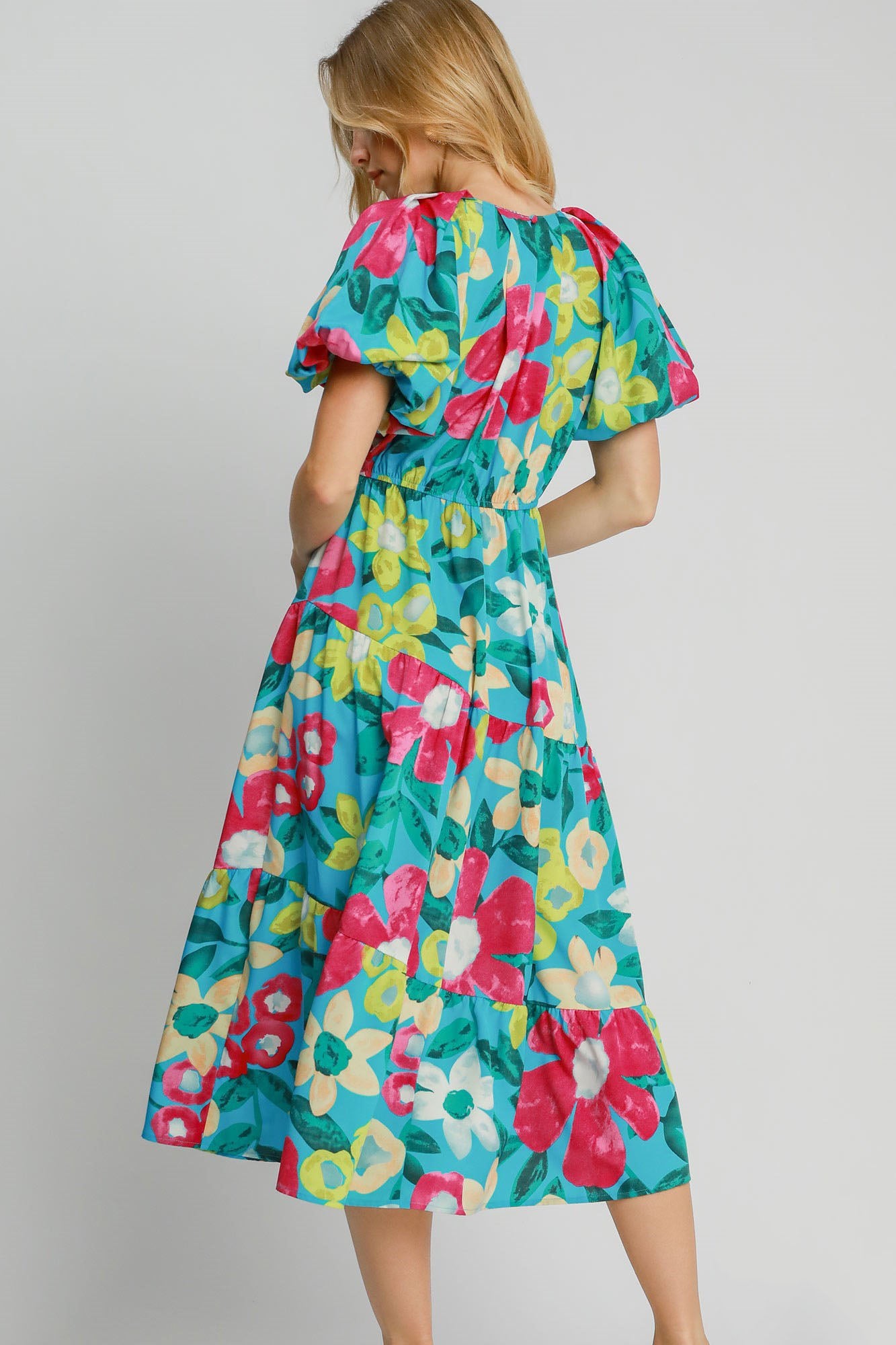 Umgee Full Size Tiered Floral Print Notched Puff Sleeve Midi Dress Plus Size Secondary image