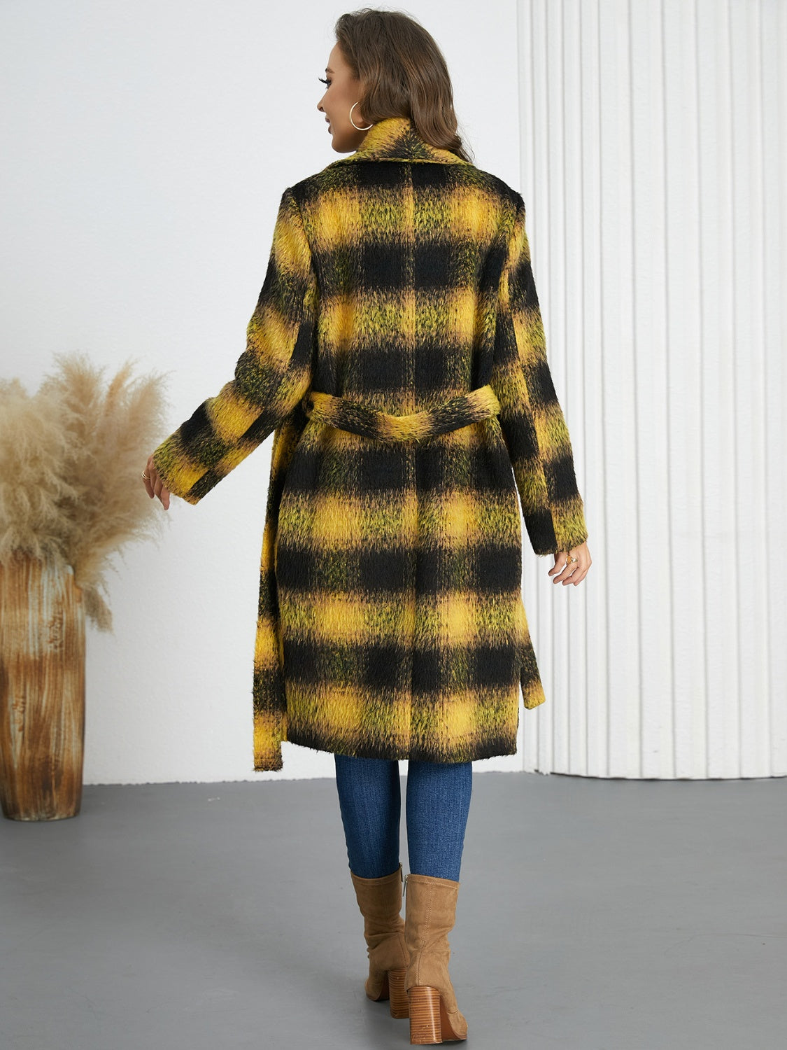 Plaid Tie Waist Long Sleeve Coat - felvior