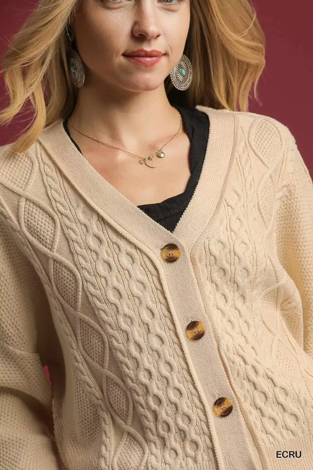 Umgee Chunky Cable Knit V-Neck Button-Up Cardigan