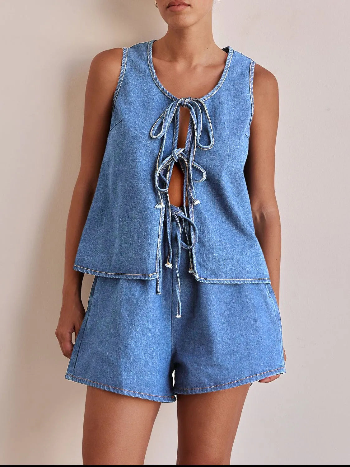 Tie Front Vest and Shorts Denim Set