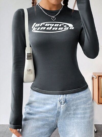Letter Graphic Round Neck Long Sleeve T-Shirt - felvior