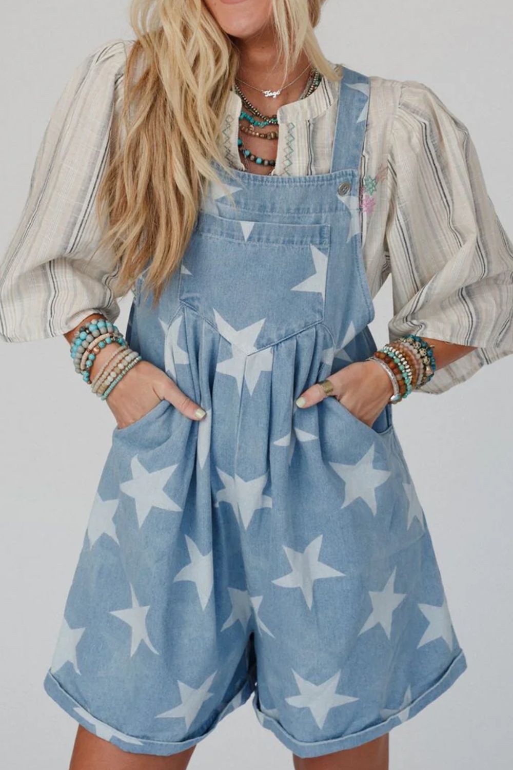 Star Print Square Neck Denim Overalls - felvior