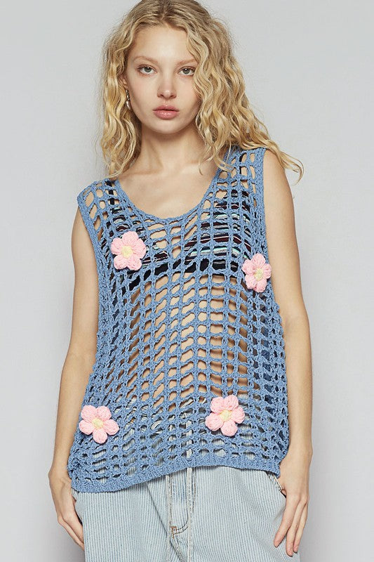 POL Flower Crochet Scoop Neck Sleeveless Knit Cover Up - felvior