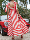 Striped Square Neck Wide Strap Dress - felvior