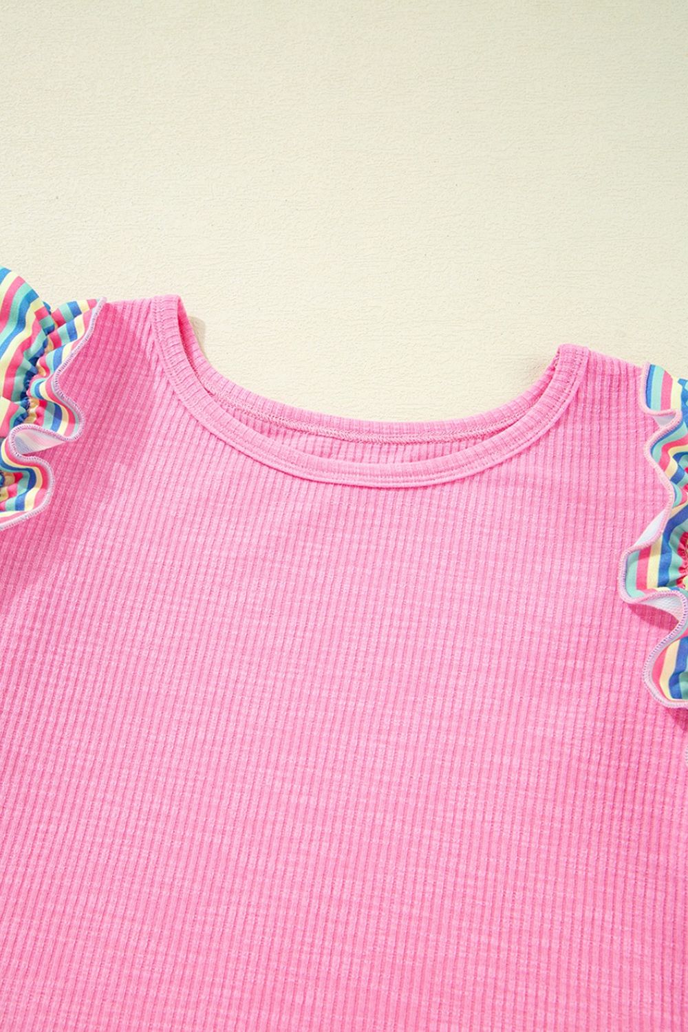 Striped Ruffle Flutter Sleeve Ribbed Blouse